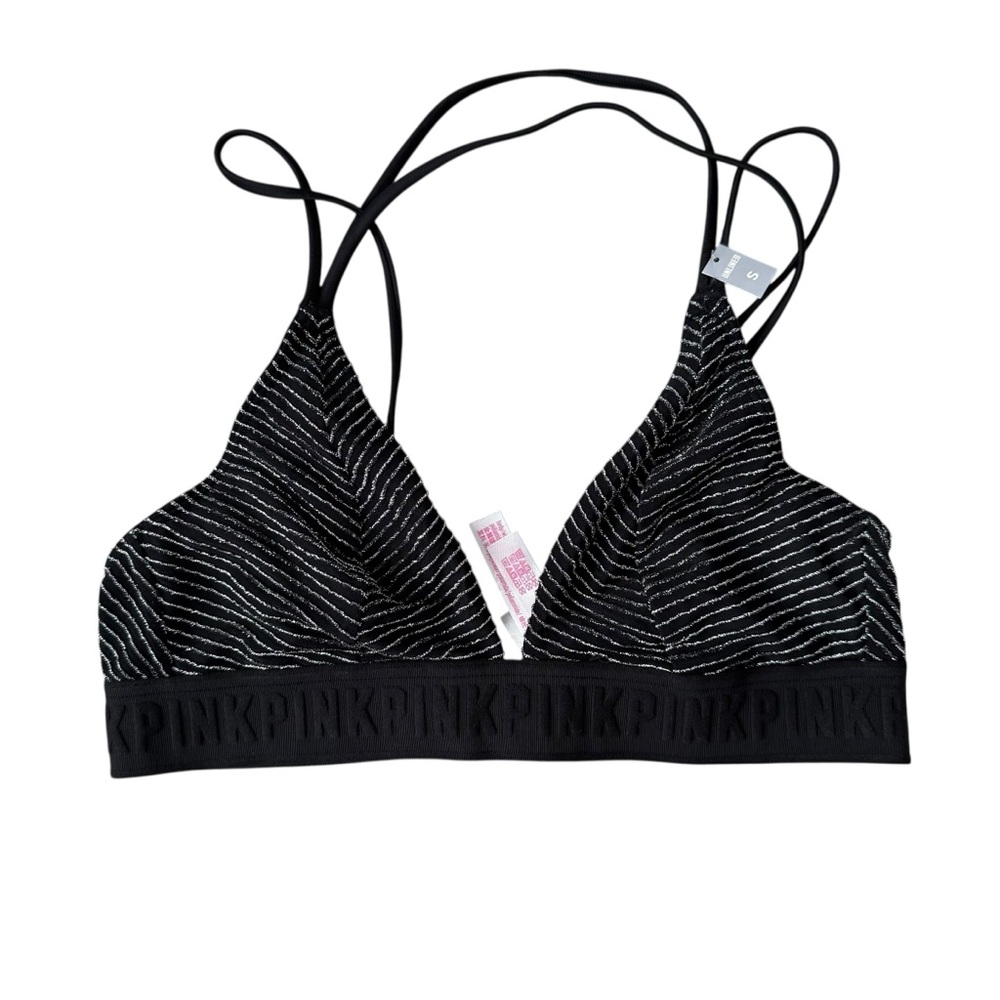 NWT Victoria’s Secret PINK Black Silver Strappy Triangle Bralette – Size Small